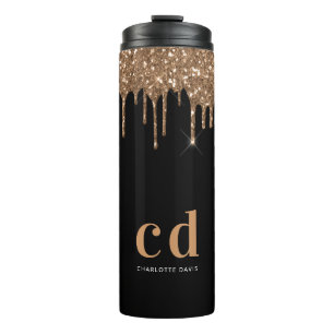 Schwarzes Gold-Glitter-Tropfen-Monogramm funkelt e Thermosbecher