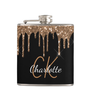 Schwarzes Gold-Glitter-Tropfen-Monogramm glänzend  Flachmann