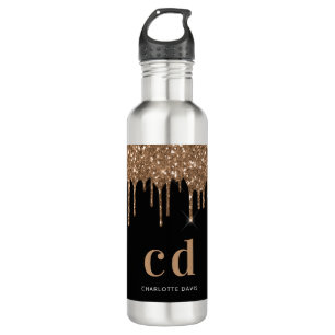 Schwarzes Gold Glittertropfen Monogramm Glanz eleg Edelstahlflasche