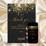 Schwarzes Gold Glitzer Glitzern danke Karte<br><div class="desc">Ein schwarzer Hintergrund,  verzierte Imitate goldener Glitzer,  Glitzern. Große handgeschriebene Schrift und der Text: Danke. Personalisieren Sie Ihre Dankeschön Notiz und Name hinzufügen.</div>