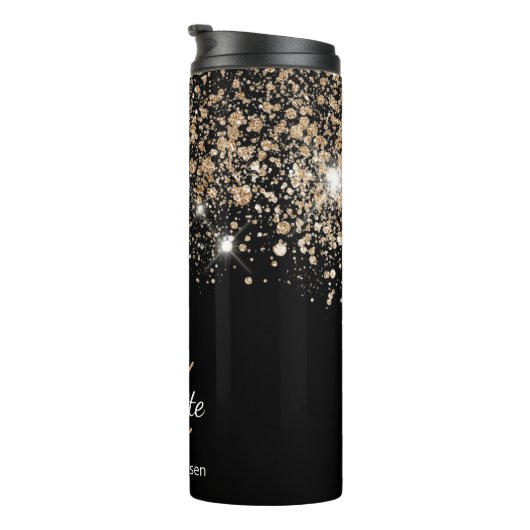 Schwarzes Gold Glitzer Monogramm Name Funkeln Thermosbecher (Nach rechts gedreht)