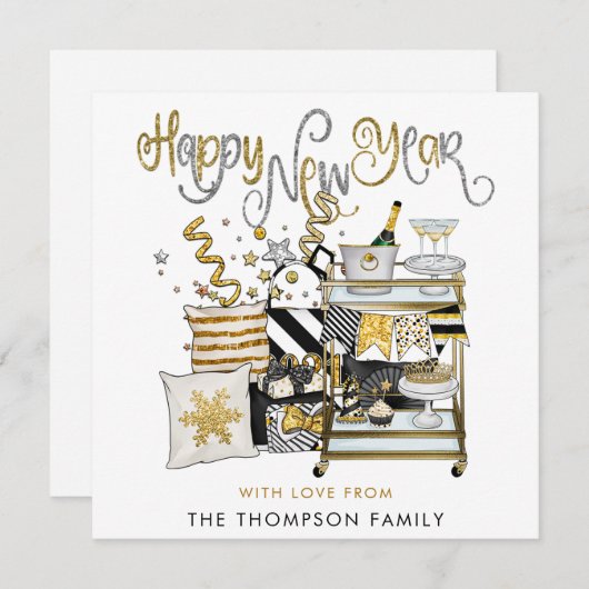 Schwarzes Gold Glitzer Script glücklich Neues Jahr Mitteilungskarte (Vorne/Hinten)