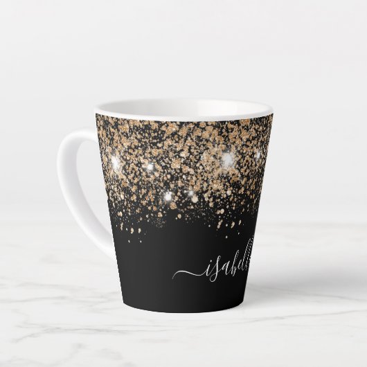 Schwarzes Gold Glitzer Staub Name Glaze Skript Milchtasse (Linke Ecke)