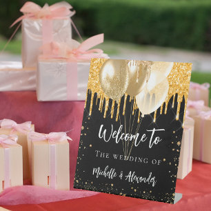 Schwarzes Gold Glitzer Tropfen Ballons begrüßen Ho Sockelschild