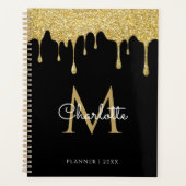Schwarzes Gold Glitzer Tropfen Monogram Script Jah Planer (Vorderseite)