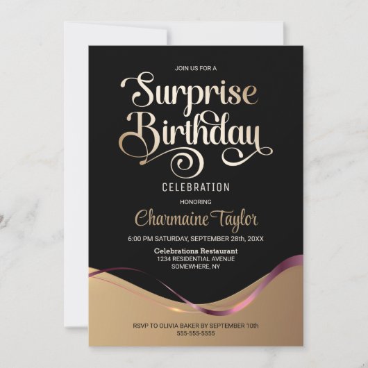 Schwarzes Gold jedes Alters Überraschung Geburtsta Einladung (Vorderseite)