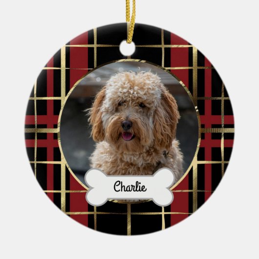 Schwarzes Gold Kariertes Puppy-Hund-Foto Keramik Ornament (Vorne)