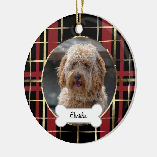 Schwarzes Gold Kariertes Puppy-Hund-Foto Keramik Ornament (Links)