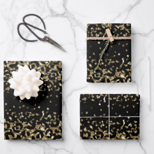 Schwarzes Gold Leopard Cheetah Druck Glitter Glam Geschenkpapier Set