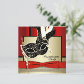 Schwarzes Gold Maske Rotes Schwarzes Party Einladung (Stehend Vorderseite)