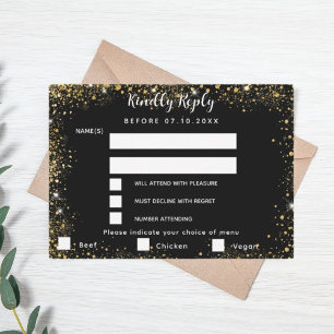 Schwarzes Gold Menü wählt Hochzeit RSVP Mitteilungskarte