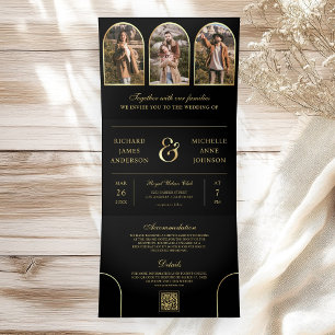 Schwarzes Gold Minimales Bogen Foto QR-Code Hochze Dreifach Gefaltete Einladung
