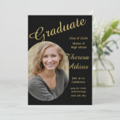 Schwarzes Gold mit Foto Graduation Party Einladung (Stehend Vorderseite)