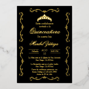Schwarzes Gold mit Kranz Quinceanera-Einladung Fol Folieneinladung