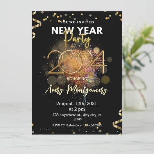 Schwarzes Gold Moderne Neujahrs-Party Einladung (Stehend Vorderseite)