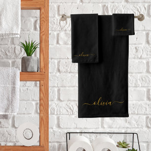 Schwarzes Gold Modernes Skript Mädchen Monogramm N Badhandtuch Set