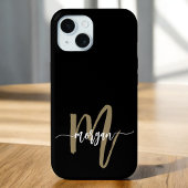 Schwarzes Gold Modernes Skript Mädchen-Monogramm-N iPhone 15 Hülle