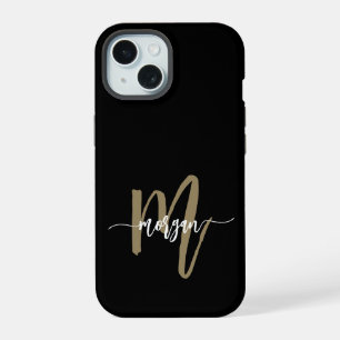 Schwarzes Gold Modernes Skript Mädchen-Monogramm-N iPhone 15 Hülle