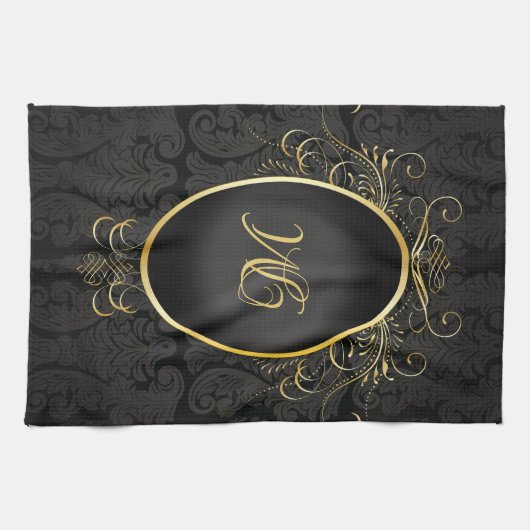 Schwarzes Gold Monogram Classic Royal Style Handtu Geschirrtuch (Horizontal)