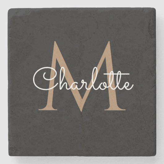 Schwarzes Gold Monogram Elegantes Mädchen-Skript Steinuntersetzer (Vorderseite)
