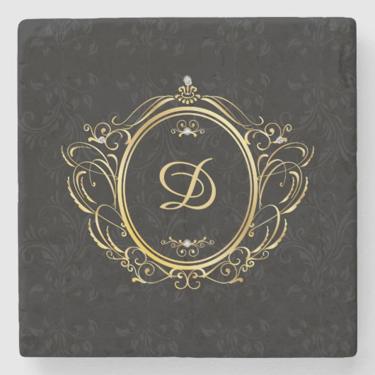 Schwarzes Gold Monogram Klassisches Design Steinuntersetzer (Vorderseite)