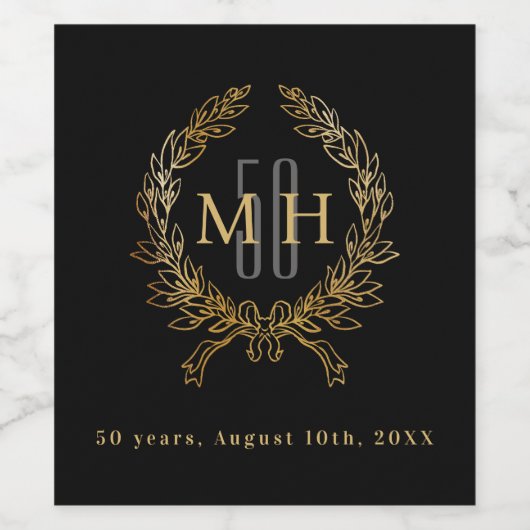 Schwarzes Gold Monogramm 50. Hochzeitstag Weinetikett (Einzelnes Label)