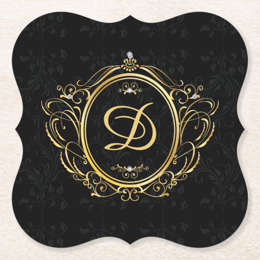 Schwarzes Gold Monogramm Damast Untersetzer (Vorderseite)