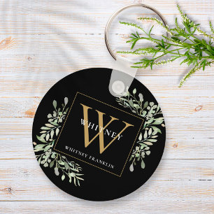 Schwarzes Gold-Monogramm Elegante Grünpflanzen Schlüsselanhänger