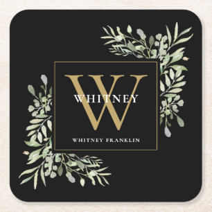 Schwarzes Gold-Monogramm Elegante moderne Grünpfla Rechteckiger Pappuntersetzer