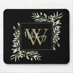 Schwarzes Gold Monogramm Grün Floral Mousepad