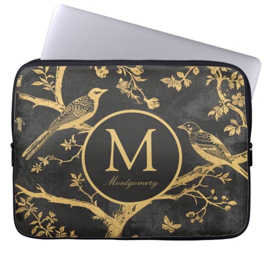 Schwarzes Gold-Monogramm Laptopschutzhülle (Vorderseite)