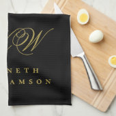 Schwarzes Gold-Monogramm-Name Minimalistisch Elega Geschirrtuch (Viertel Falte)