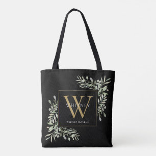 Schwarzes Gold-Monogramm Watercolor Greenery Blätt Tasche