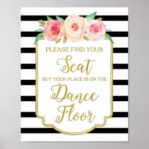 Schwarzes Gold Rosa Aquarell Blumige Hochzeitstafe Poster