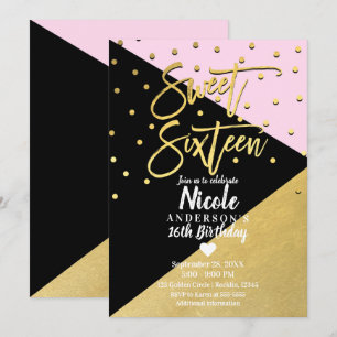 Schwarzes Gold & Rosa Moderne Schrift Süße 16 Sech Einladung