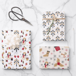 Schwarzes Gold rotes Schneemänner Weihnachtsbäume  Geschenkpapier Set