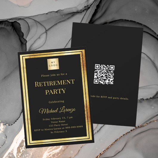 Schwarzes Gold-Ruhestandsfeier-QR-Code-Geschäftslo Einladung