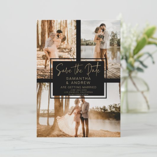 Schwarzes Gold Save the Date 3 Foto-Rasterkollage (Stehend Vorderseite)
