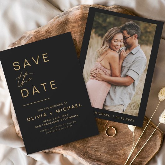 Schwarzes Gold Save the Date Elegantes Foto Minima