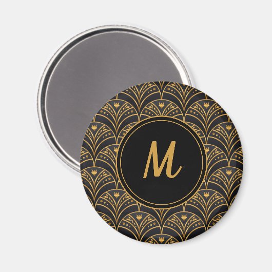 Schwarzes Gold Scallop Muster Art Deco Monogramm Magnet (Vorderseite/Rückseite)