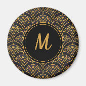 Schwarzes Gold Scallop Muster Art Deco Monogramm Magnet (Vorne)
