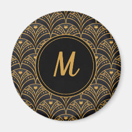 Schwarzes Gold Scallop Muster Art Deco Monogramm Magnet