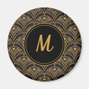 Schwarzes Gold Scallop Muster Art Deco Monogramm Magnet