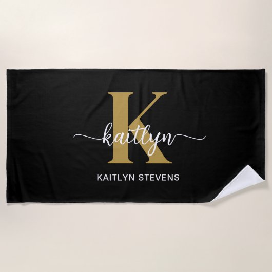 Schwarzes Gold-Schrift-Monogramm Strandtuch (Vorderseite)