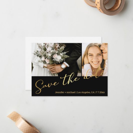 Schwarzes Gold-Script-2-Foto-Save the Date-Karte Mitteilungskarte (Vorderseite/Rückseite Beispiel)
