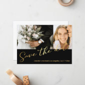 Schwarzes Gold-Script-2-Foto-Save the Date-Karte Mitteilungskarte (Vorderseite/Rückseite Beispiel)