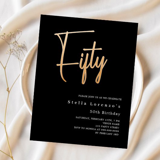Schwarzes Gold-Script-Budget 50. Geburtstagseinlad