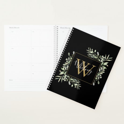 Schwarzes Gold Script Monogram Greenery Floral Planer (Anzeige)