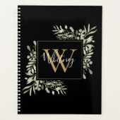 Schwarzes Gold Script Monogram Greenery Floral Planer (Vorderseite)