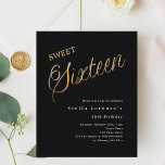Schwarzes Gold-Skript-Haushalt Schweden 16 Einladu<br><div class="desc">Eine moderne süße 16 Einladung. Klassischer schwarzer Hintergrund und das Wort Sechzehn mit großen Buchstaben in Imitat Gold geschrieben. Personalisieren und fügen Sie einen Namen und Party-Details hinzu. Weißer Text. 1 Blatt = 1 Einladung mit Druckkante bis Kante.</div>